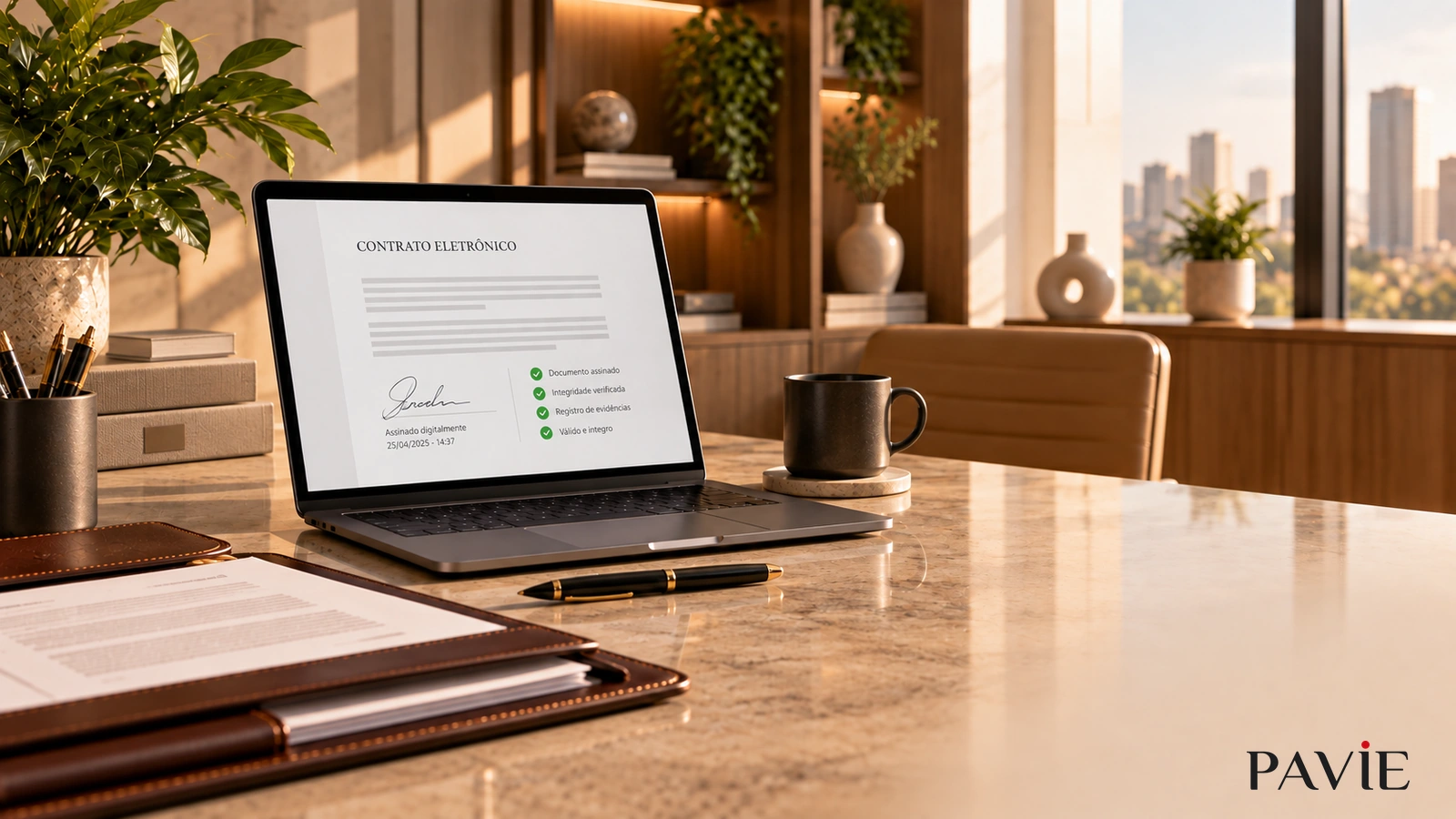 Contrato eletrônico fictício exibido em laptop com assinatura digital e documentos organizados ao lado.