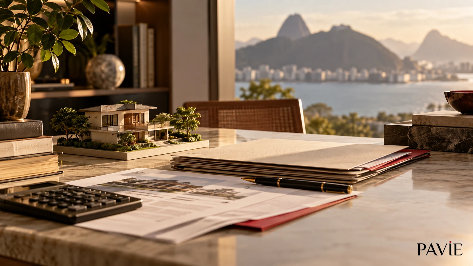 Maquete de imóvel residencial, documentos e calculadora sobre mesa de trabalho, com paisagem do Rio de Janeiro ao fundo, representando análise de hipóteses de isenção de ITD em inventário.