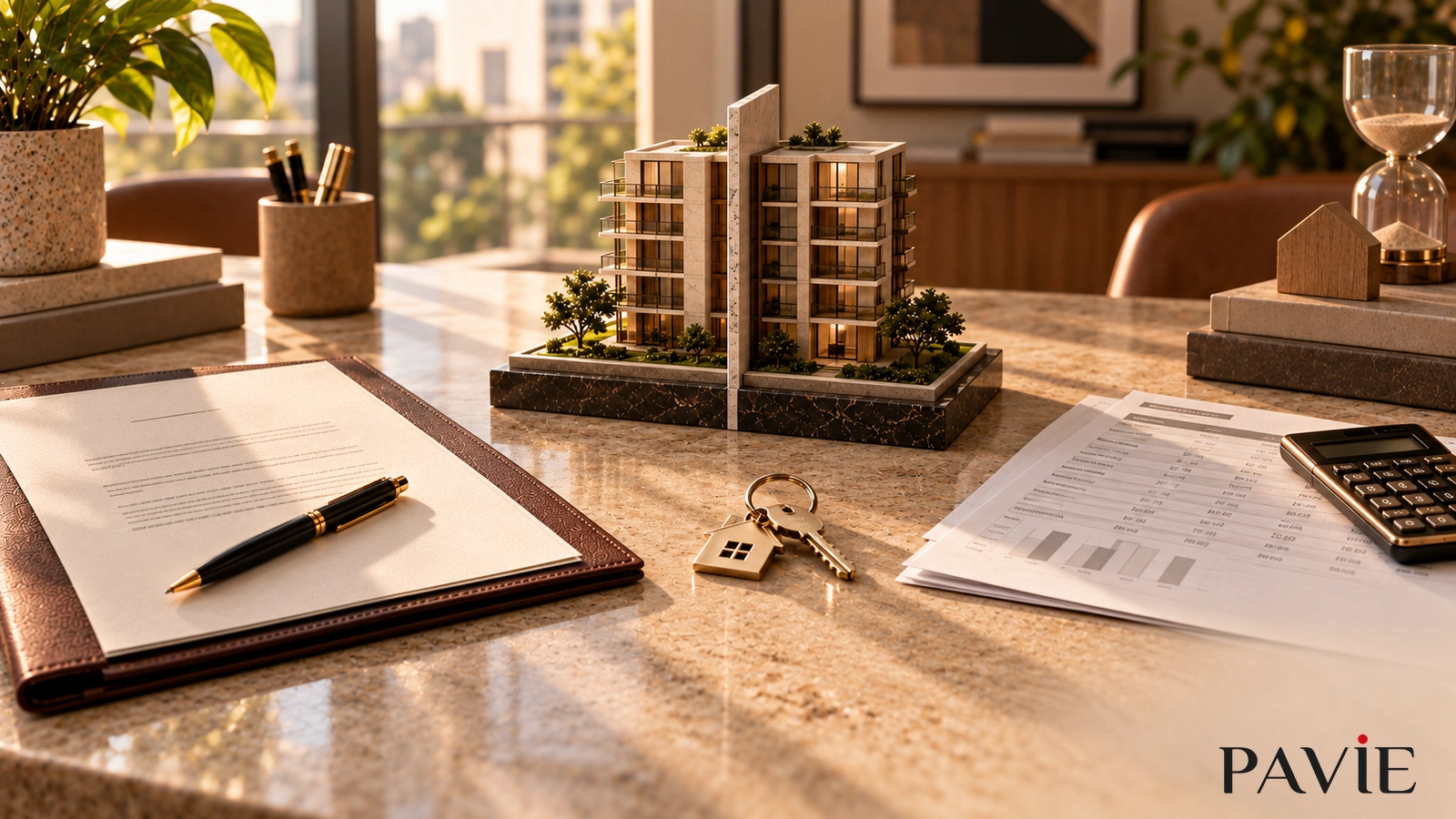 Maquete de apartamento, contrato de financiamento e documentos de partilha organizados lado a lado.